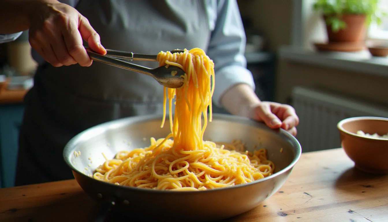 Finition de spaghetti al dente dans une poêle avec de l'eau de cuisson amidonnée pour créer une sauce crémeuse