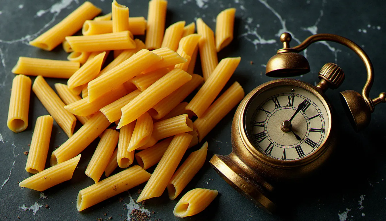 Assortiment de différentes formes de pâtes sèches italiennes sur marbre sombre avec minuteur en laiton vintage