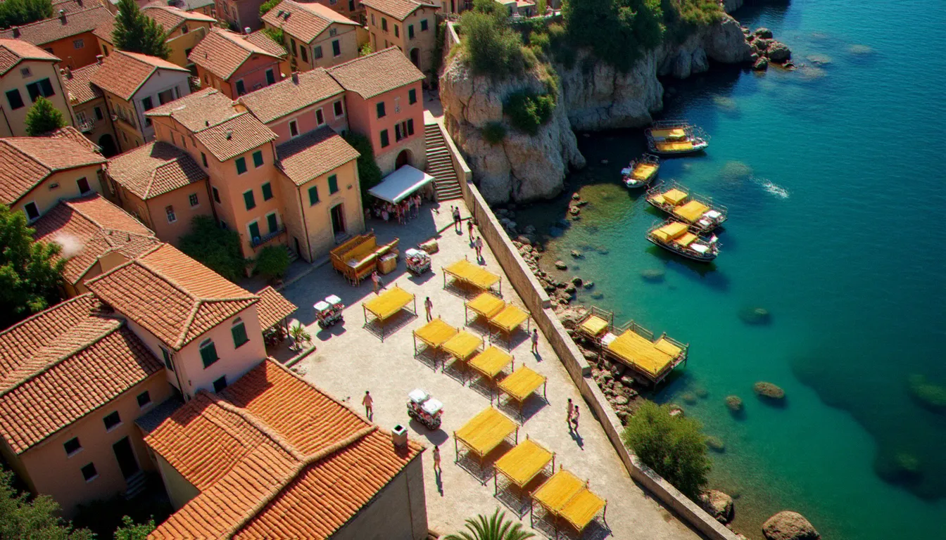 Vue aérienne du village côtier de Trabia en Sicile, lieu de production de pasta séchée décrit par Al Idrissi au XIIe siècle, avec mer Méditerranée en arrière-plan