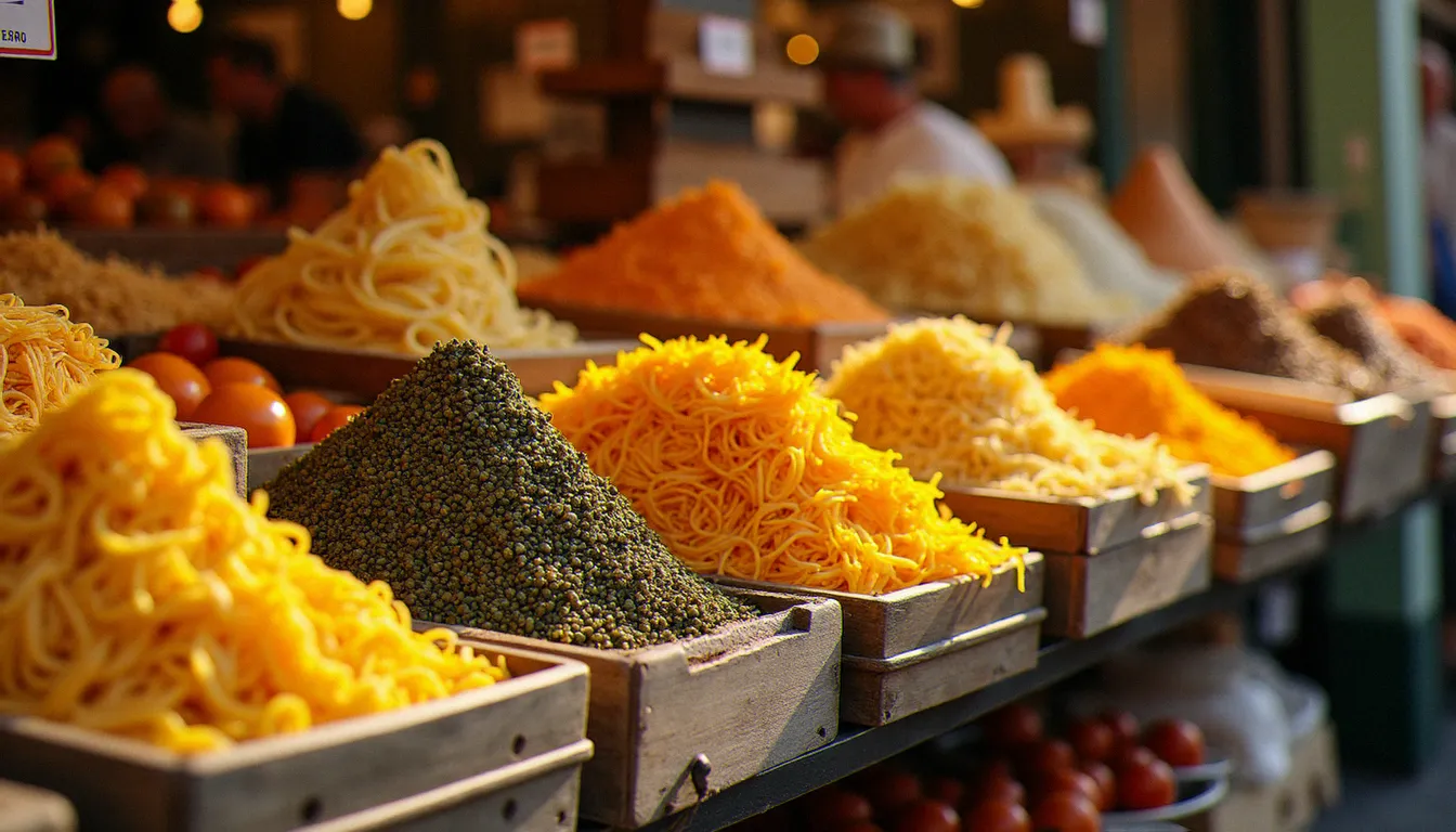 Étal de marché traditionnel sicilien au marché du Capo à Palerme présentant des produits hérités de la période arabo-normande d'Al Idrissi : pasta, safran, câpres, bottarga et agrumes