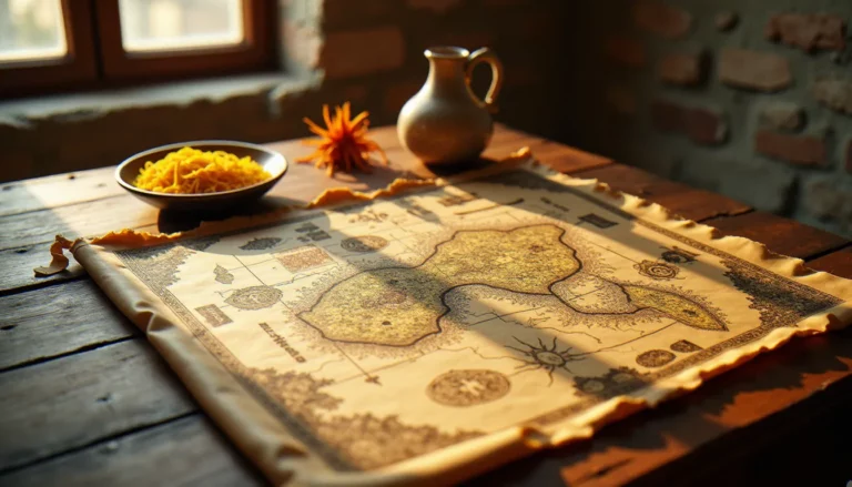 Reproduction d'une carte médiévale de style Al Idrissi posée sur une table en bois sicilienne, accompagnée d'un bol de pasta sèche et de safran