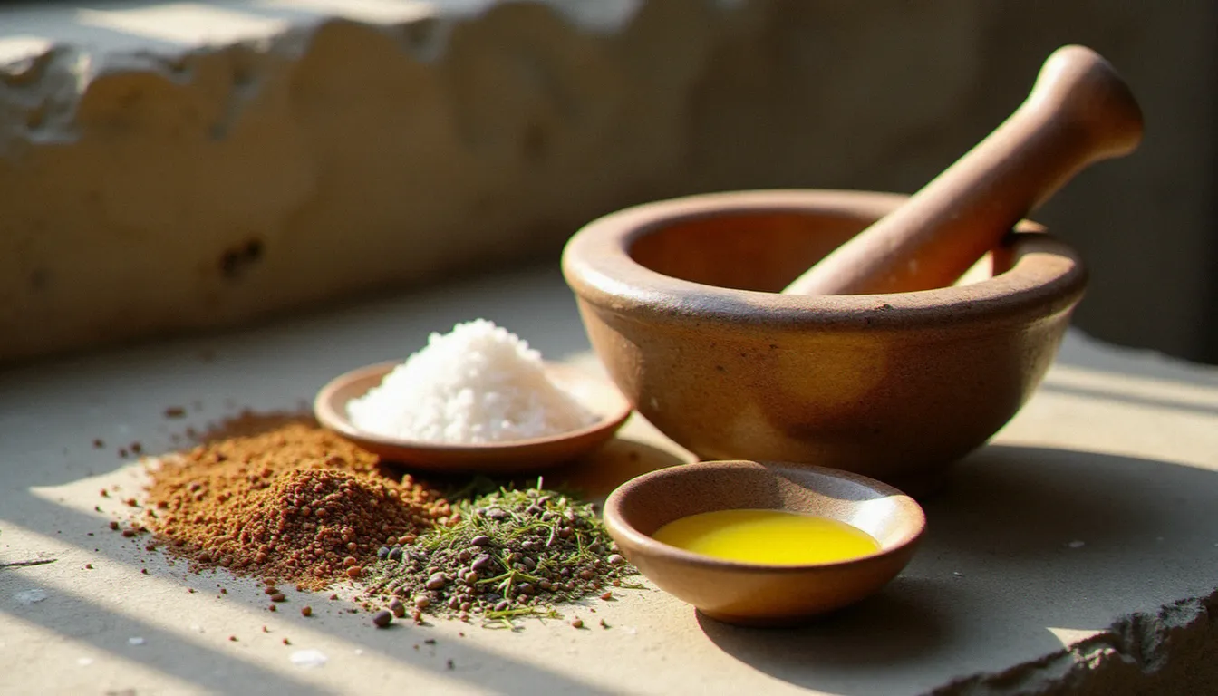 Mortier romain en pierre avec pilon, herbes séchées et graines de cumin représentant les ingrédients de base de la cuisine de la Rome antique
