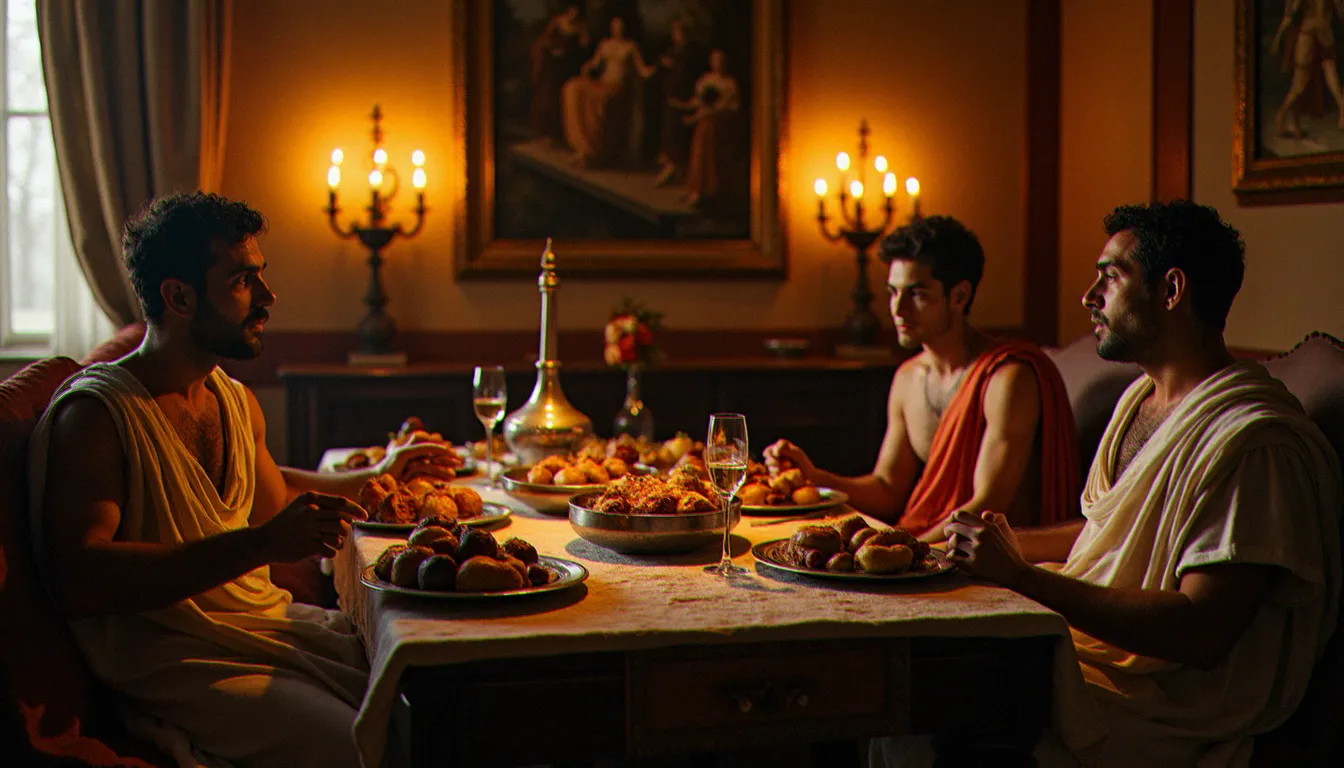 Salle à manger romaine luxueuse avec convives allongés sur des tricliniums autour d'une table couverte de mets raffinés, illustrant le contraste des classes dans l'alimentation de la Rome antique