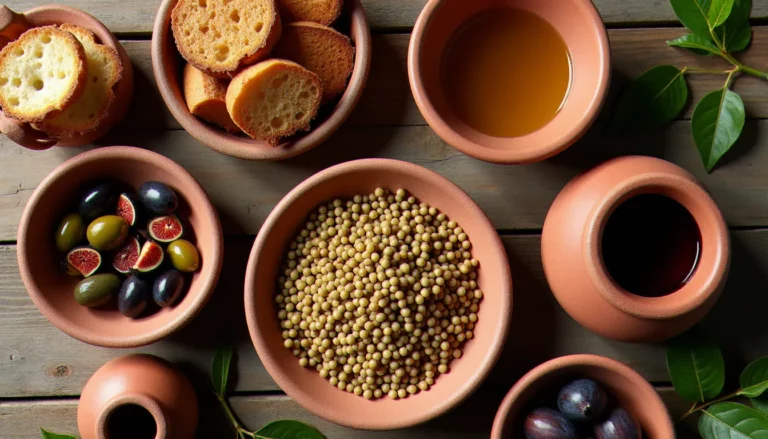 Table de repas romaine antique avec bols en terre cuite remplis de lentilles, olives et pain bis, illustrant l'alimentation dans la Rome antique