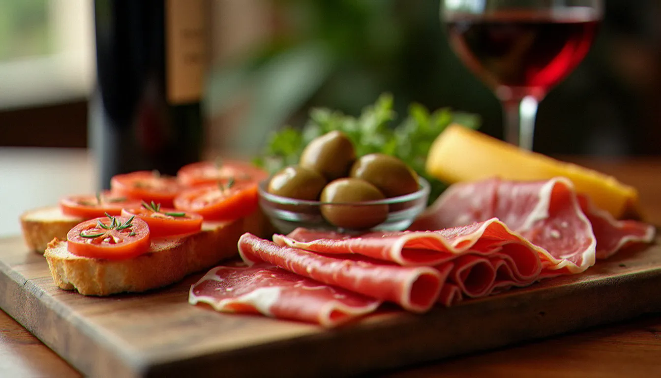 Planche d'antipasti italiens avec charcuteries, fromage Parmigiano et bruschette, accompagnés d'un verre de Chianti dans un restaurant