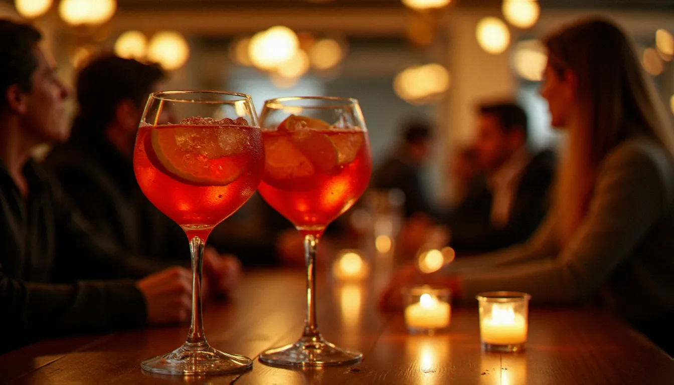Deux verres d'Aperol Spritz en premier plan dans un bar à l'ambiance italienne animée le soir, lumière dorée et chaleur conviviale