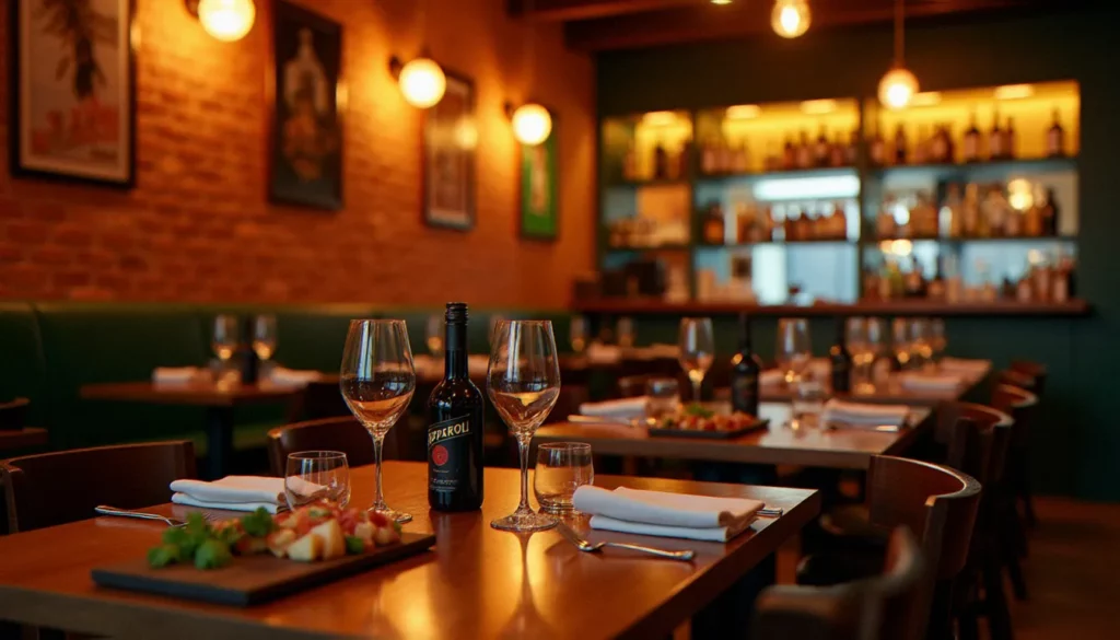 Intérieur d'un restaurant de cuisine italienne et bar en soirée, ambiance chaleureuse avec lumières tamisées et table dressée avec antipasti et verres de vin