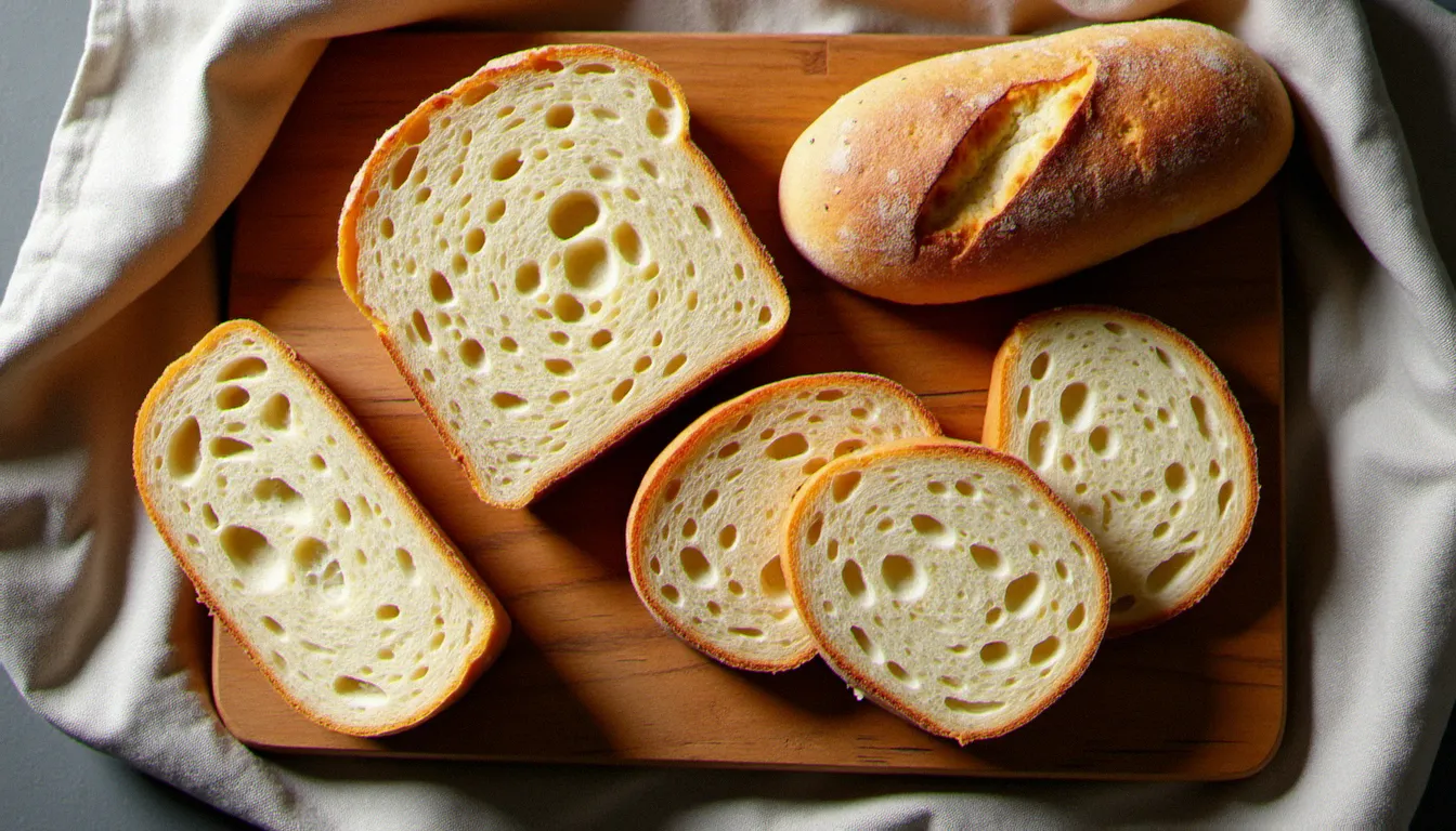 Sélection de pains italiens adaptés à la bruschetta au four, dont ciabatta et pain de campagne au levain, sur une planche en bois