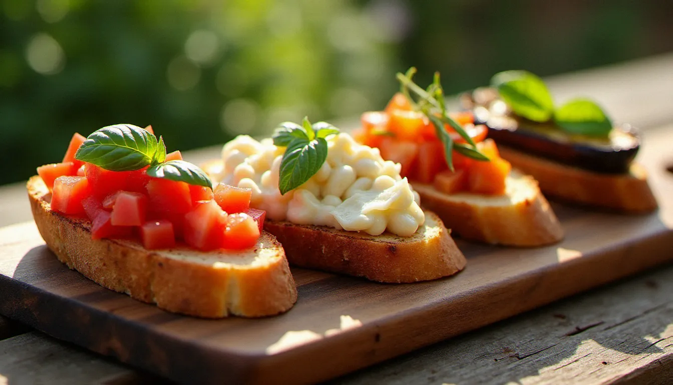 Quatre variantes régionales de bruschetta au four présentées sur une planche rustique, avec garnitures tomate-basilic, haricots blancs, lardo et aubergines grillées