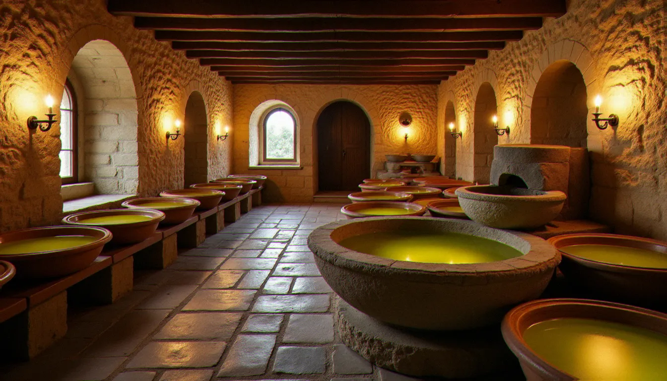 Moulin à huile traditionnel d'Italie centrale avec presse en pierre et huile d'olive nouvelle dans des récipients en terre cuite, évoquant les origines agricoles de la bruschetta