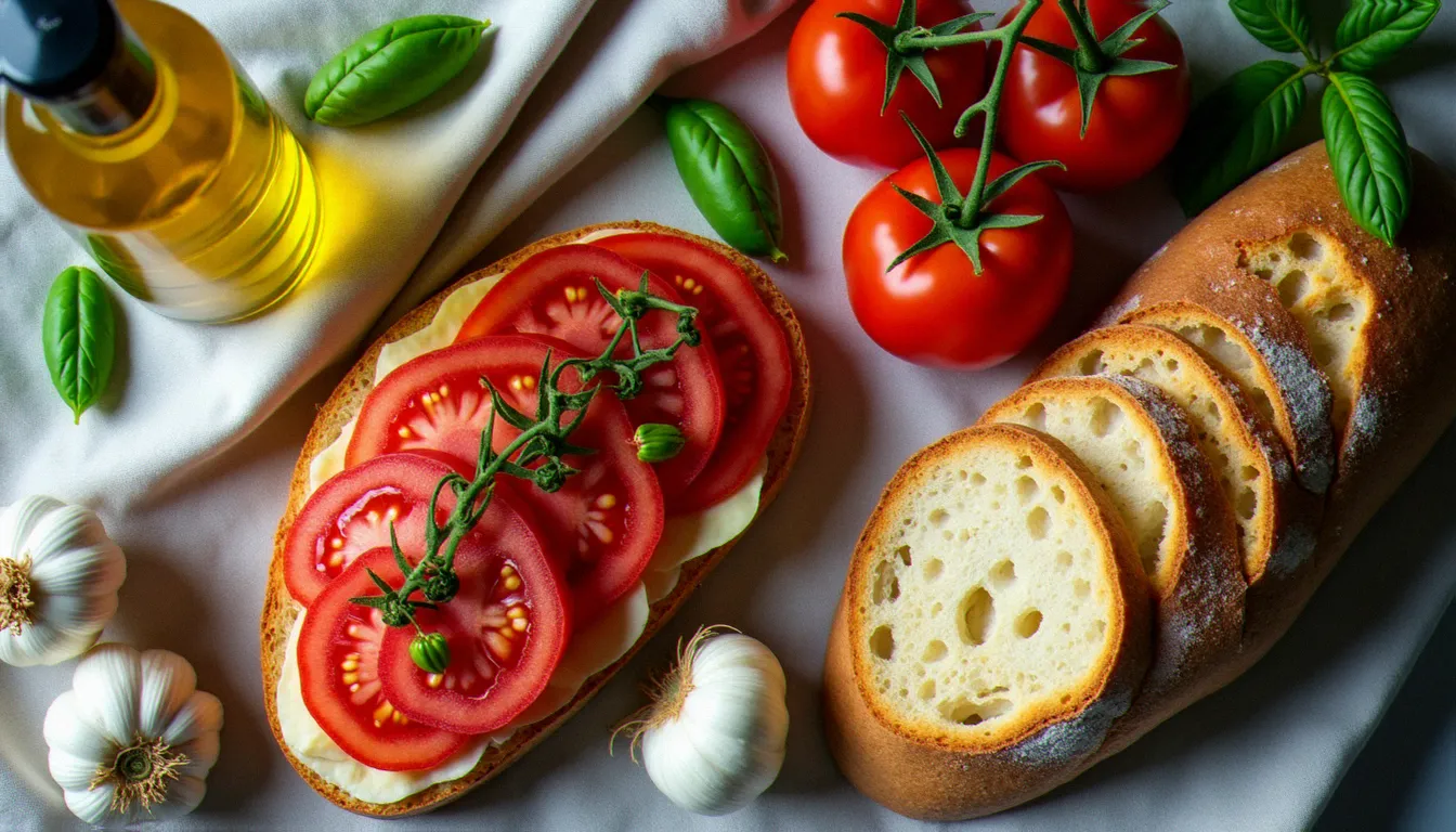 Vue aérienne des ingrédients d'une bruschetta authentique — ail, tomates San Marzano, basilic et huile d'olive — posés sur un linge en lin, représentant la diversité des variantes régionales italiennes