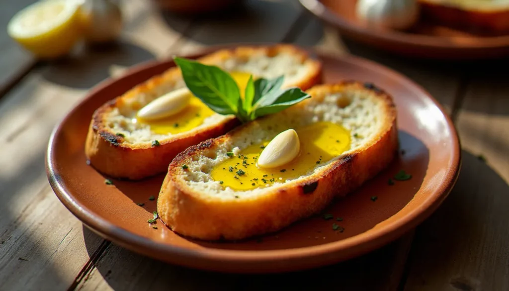 Bruschetta italienne traditionnelle sur pain de campagne grillé, frottée d'ail et arrosée d'huile d'olive vierge extra, illustrant l'origine paysanne de la bruschetta