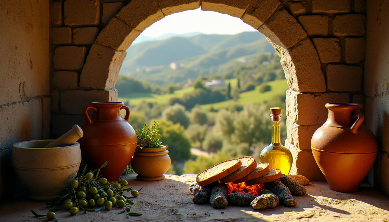 Scène de récolte d'olives dans le Latium ancien, avec amphores d'huile et pain grillé sur braises, évoquant les origines historiques de la bruschetta