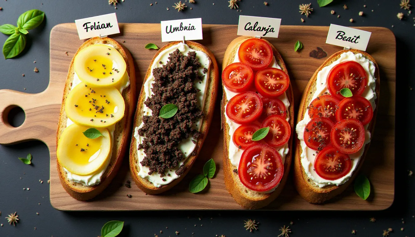 Quatre versions régionales de bruschetta italienne disposées sur une planche en bois : version toscane, ombrienne à la truffe, calabraise à la 'nduja et romaine à la tomate