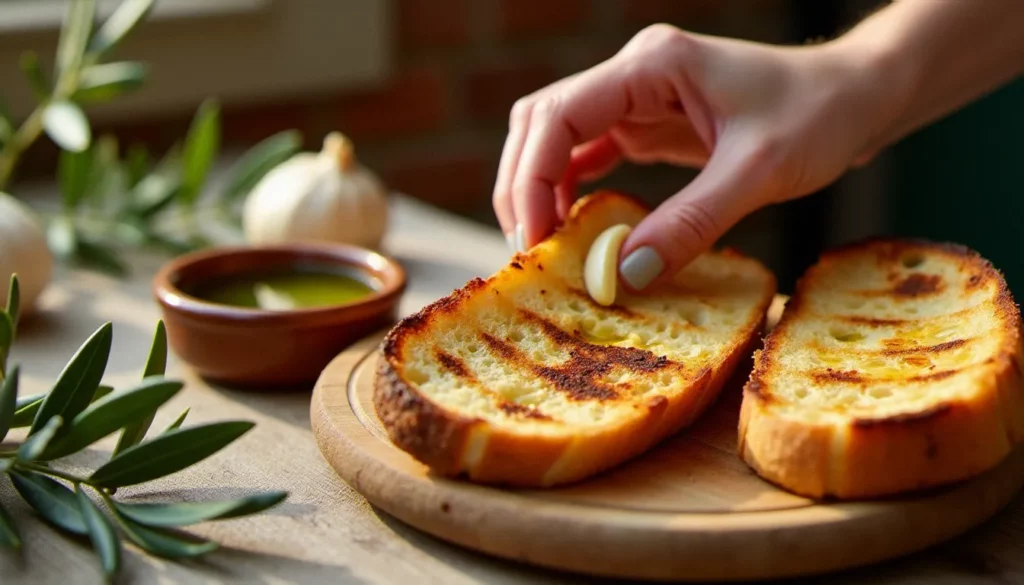 Tranches de pain grillé sur table rustique romaine, illustrant la bruschetta et son origine dans la tradition culinaire italienne