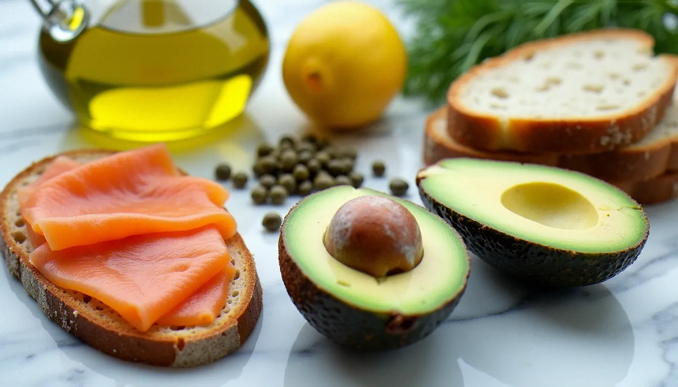 Ingrédients de la bruschetta saumon avocat disposés sur marbre : avocats Hass, saumon fumé, citron, aneth frais, câpres et huile d'olive