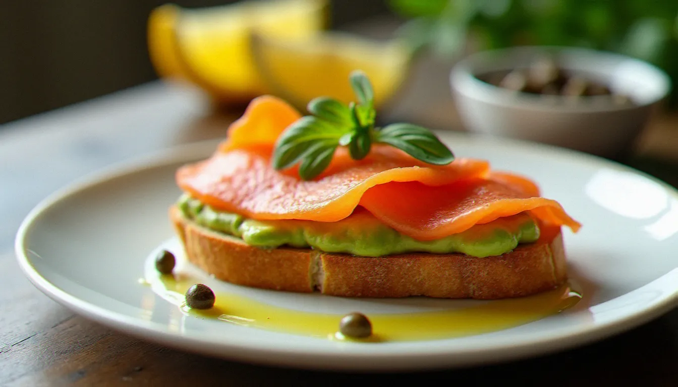Bruschetta saumon avocat dressée sur assiette blanche avec filet d'huile d'olive, câpres et quartier de citron en arrière-plan