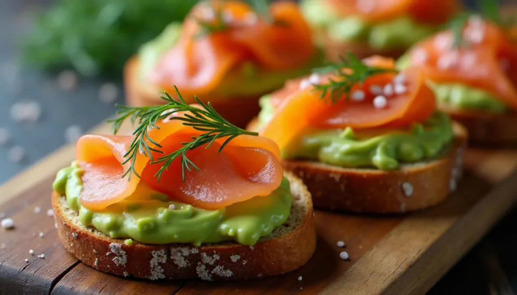 Bruschetta saumon avocat garnies d'aneth frais et de baies roses, disposées sur une planche en bois rustique