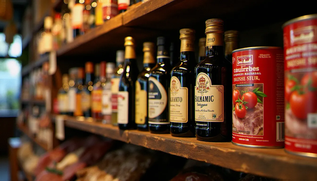 Étagère d'épicerie fine italienne avec produits certifiés AOP et IGP, labels européens visibles sur les emballages d'huile, vinaigre balsamique et charcuteries