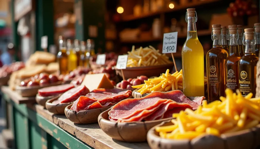 Étal de marché italien avec jambons crus, roues de parmesan, huile d'olive et pâtes fraîches représentant la diversité des prix de la cuisine italienne