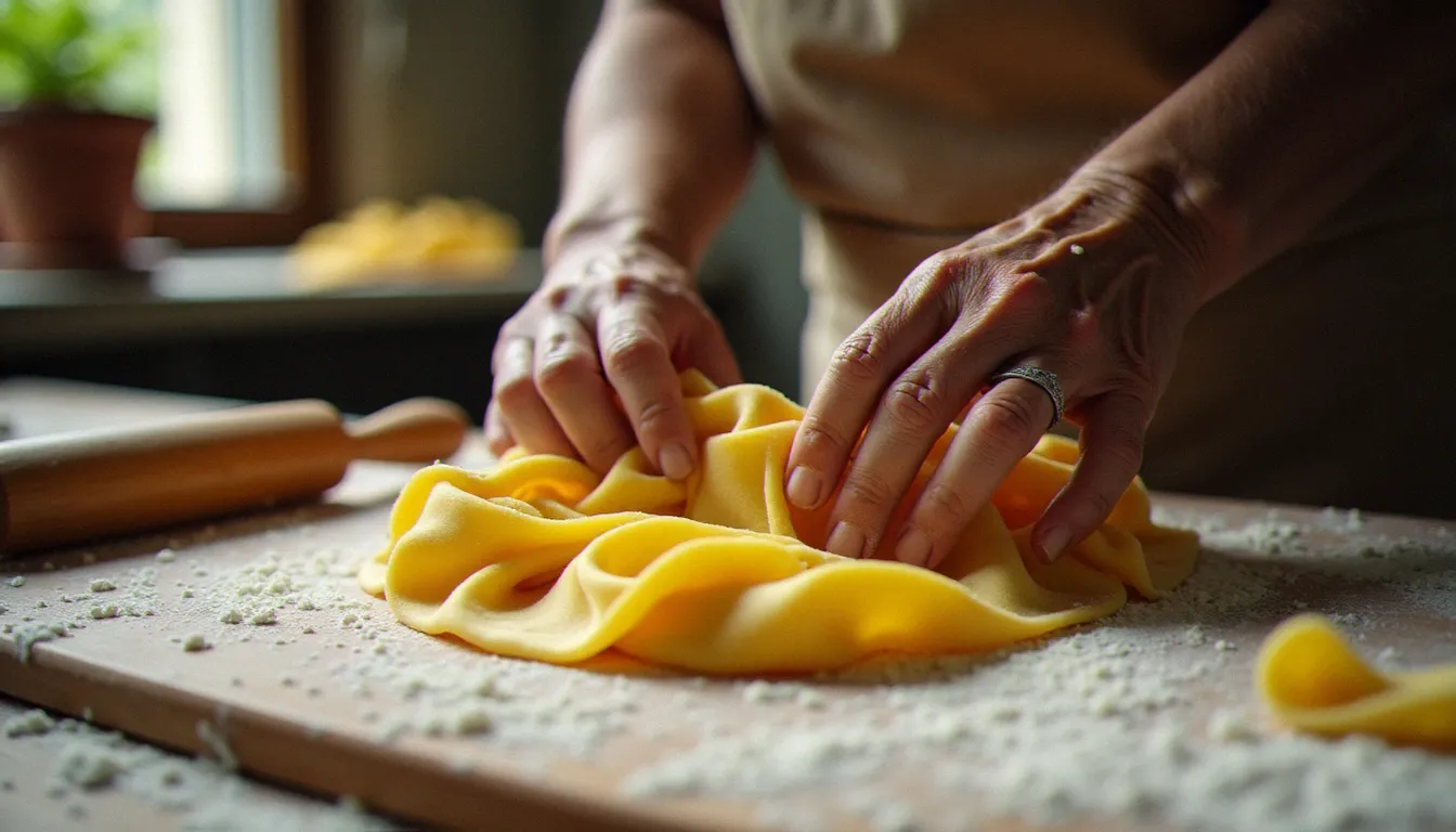 Mains d'une nonna piémontaise façonnant des tajarin sur une planche farinée, geste artisanal de transmission du savoir-faire culinaire italien