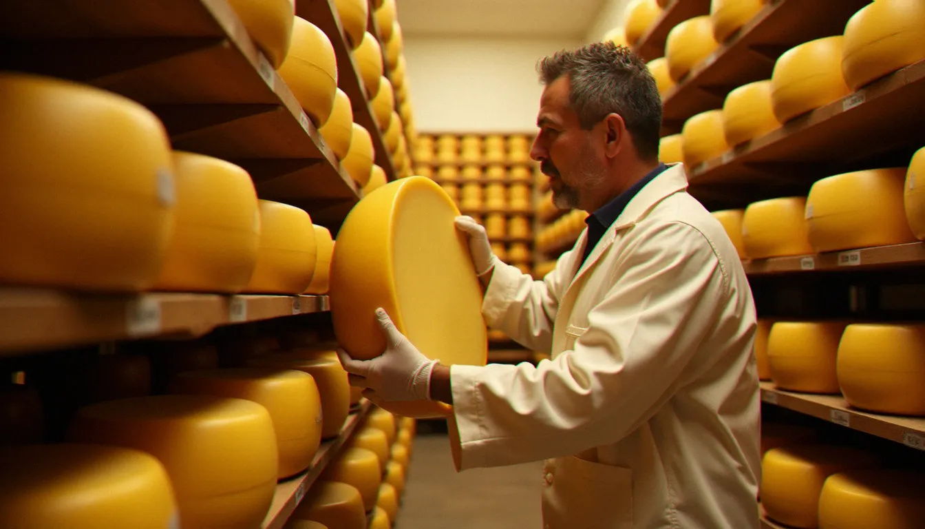 Affineur tournant une meule de Parmigiano Reggiano AOP dans une cave d'affinage traditionnelle, illustration des savoir-faire artisanaux reconnus par l'UNESCO