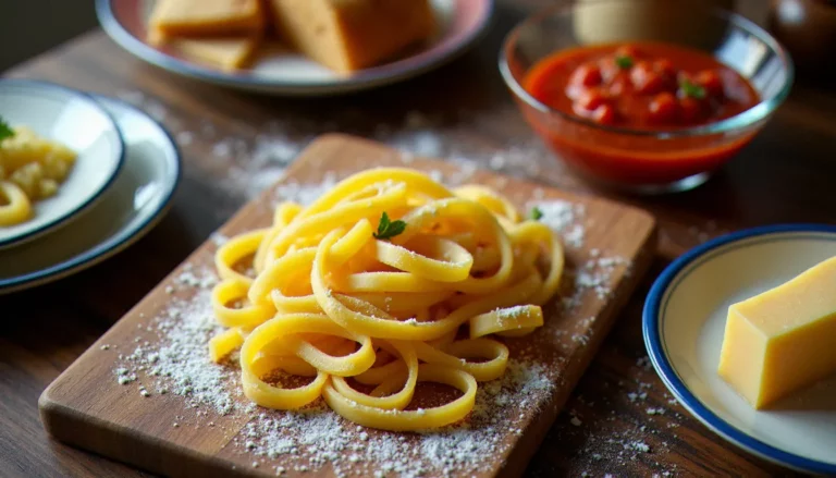 Table de cuisine italienne traditionnelle avec des pâtes fraîches faites main, du Parmigiano Reggiano et une sauce tomate, illustrant la cuisine italienne patrimoine UNESCO