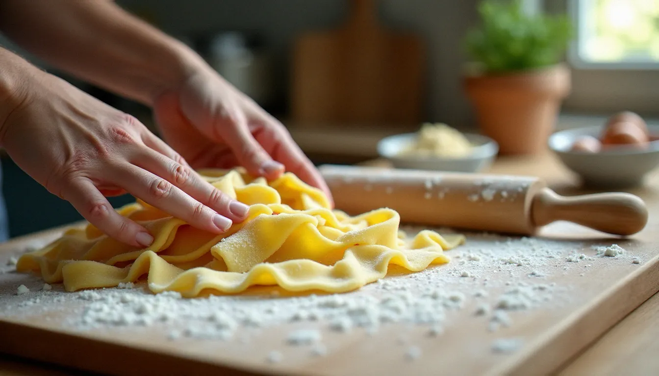 Mains étirant une pâte à pasta fraîche aux œufs sur un plan de travail en bois fariné, avec un rouleau à pâtisserie, illustrant la technique de base d'un plat italien fait maison