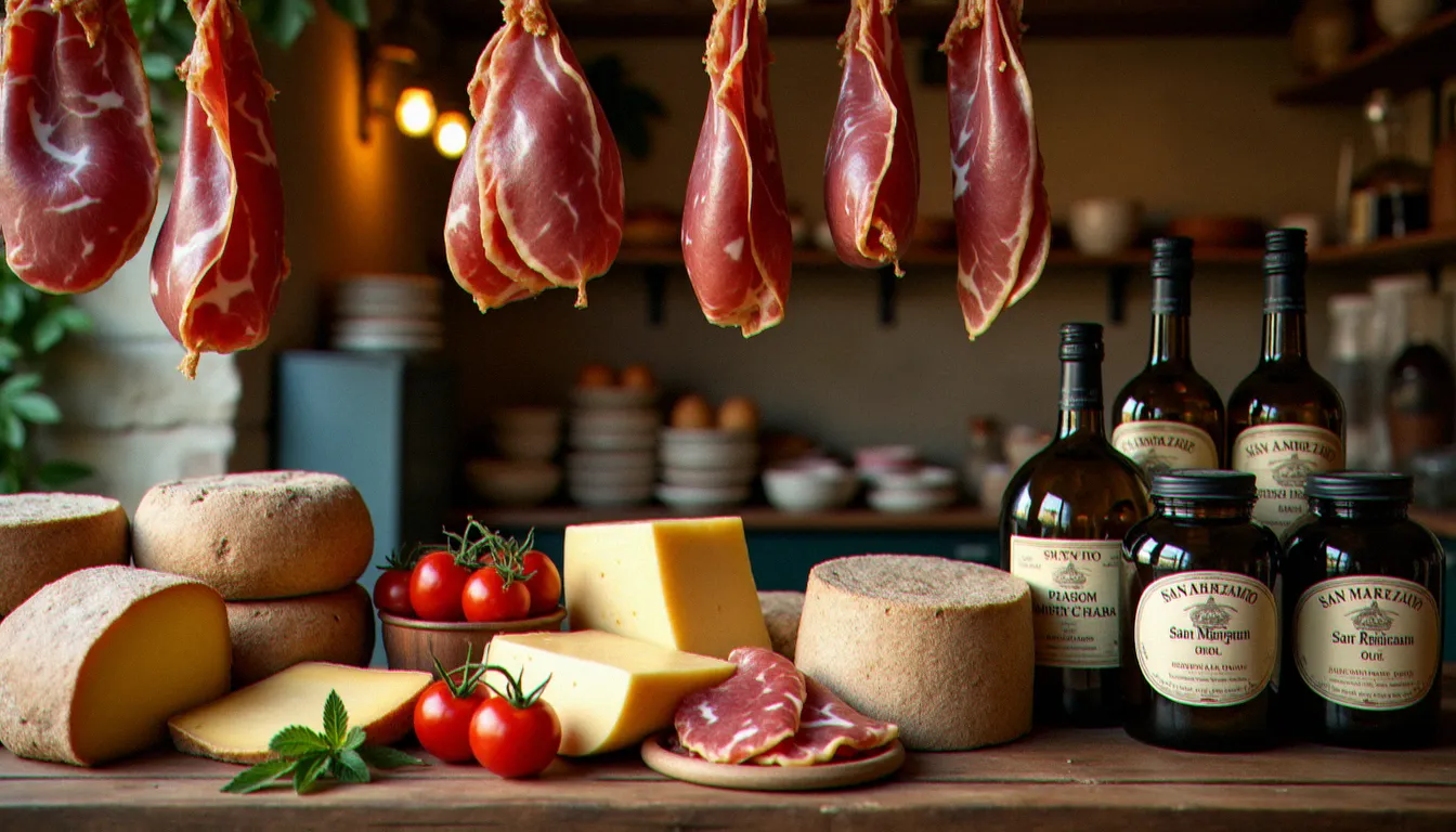 Étal d'une épicerie fine italienne présentant des jambons DOP suspendus, des meules de Parmigiano Reggiano et des bocaux de tomates San Marzano, symboles de la qualité des ingrédients en cuisine italienne