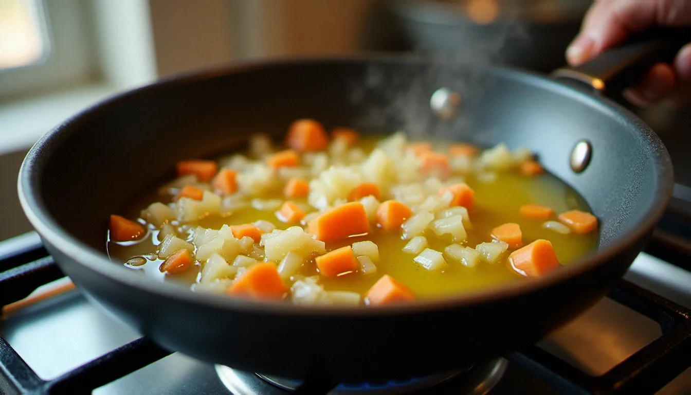 Soffritto de légumes fondant doucement dans une casserole en inox sur feu doux, base aromatique essentielle de la cuisine traditionnelle italienne.