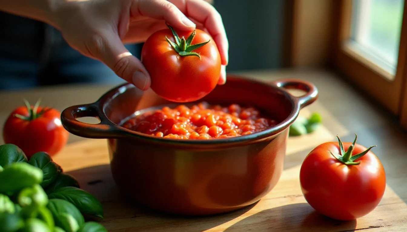 Tomates San Marzano fraîches écrasées à la main dans une marmite en terre cuite pour préparer une sauce tomate authentique selon la tradition italienne.