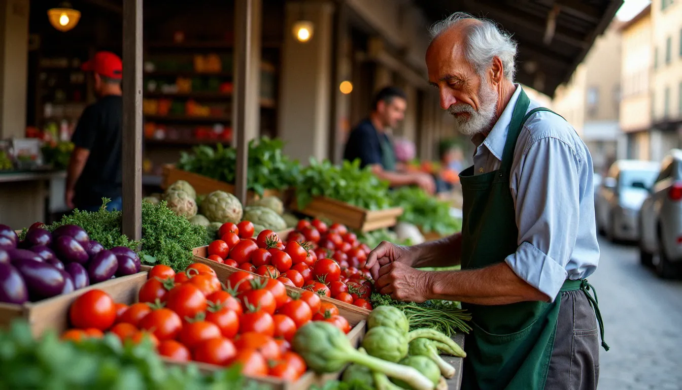 Étal de marché traditionnel en Italie avec des légumes régionaux — tomates San Marzano, aubergines et artichauts frais disposés par un producteur local