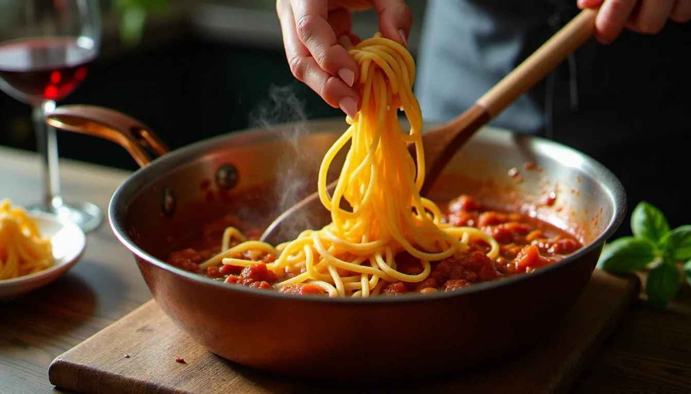 Mains réalisant la mantecatura de pâtes fraîches dans une poêle en cuivre avec une sauce ragù, geste traditionnel de la cuisine italienne