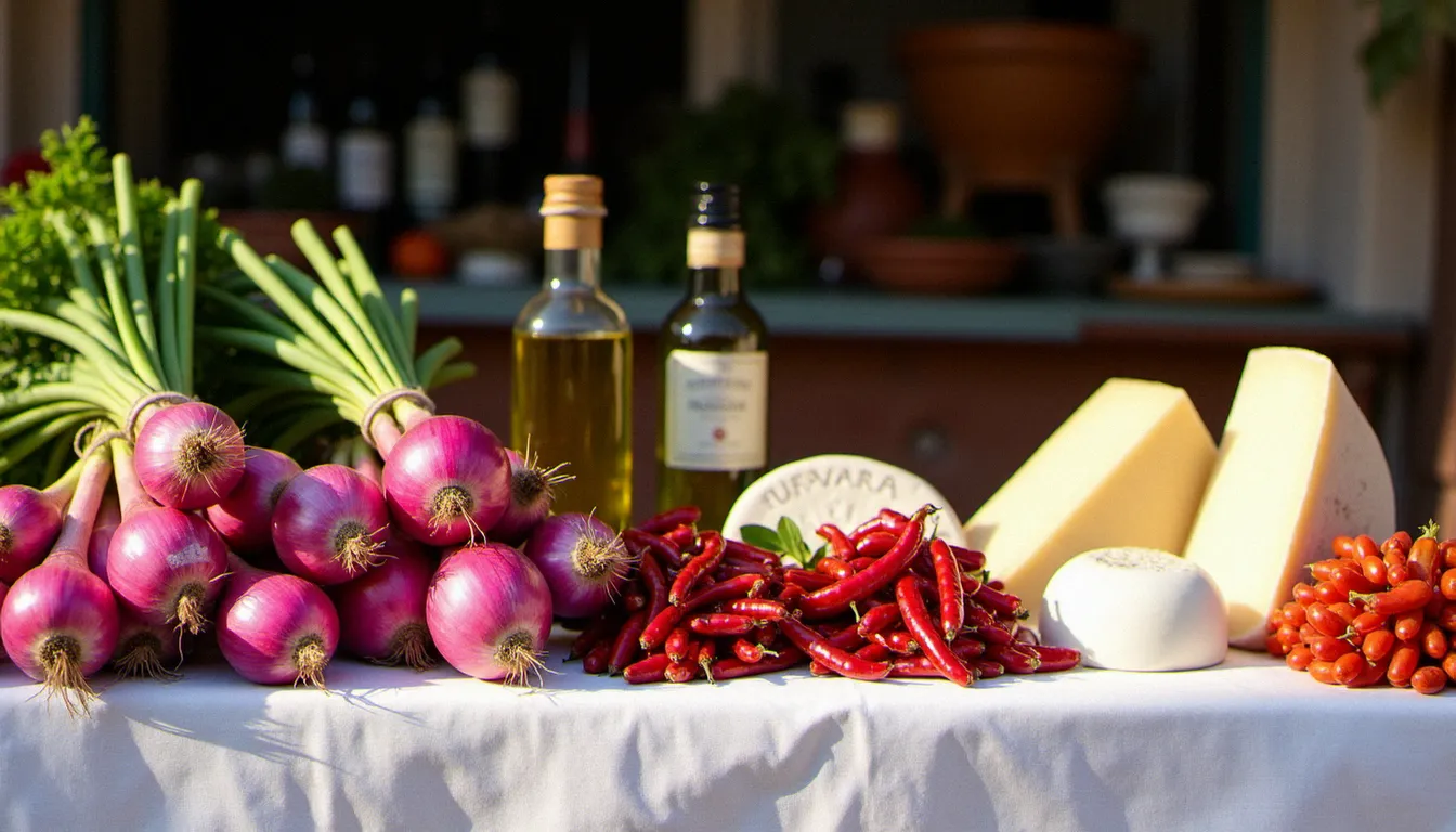Étal de marché du Sud de l'Italie avec spécialités régionales italiennes — piments séchés, pecorino et burrata fraîche sous la lumière du soir