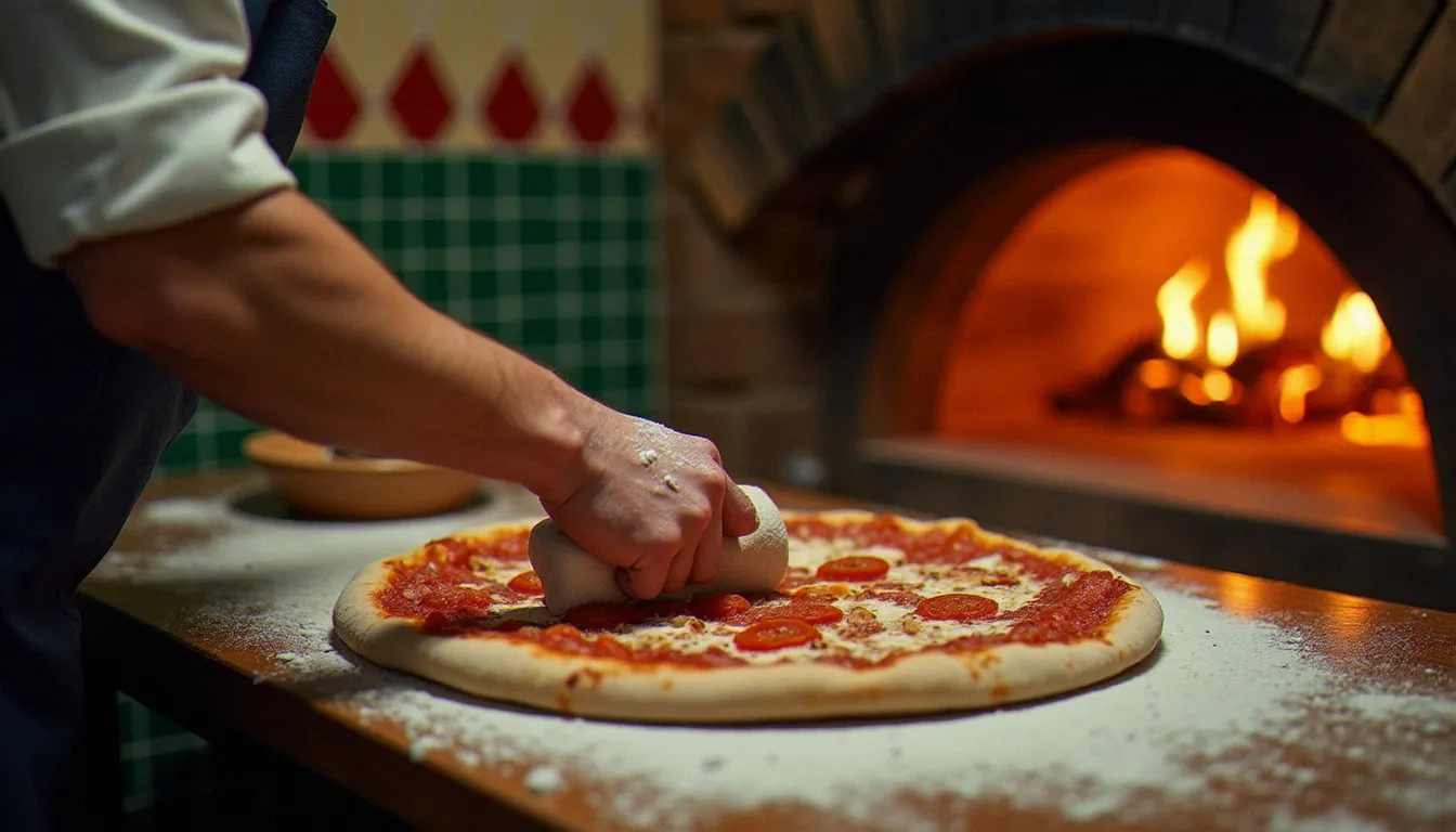 Pizzaiolo napolitain étirant la pâte à pizza à la main devant un four à bois traditionnel, incarnant l'authenticité de la cuisine italienne