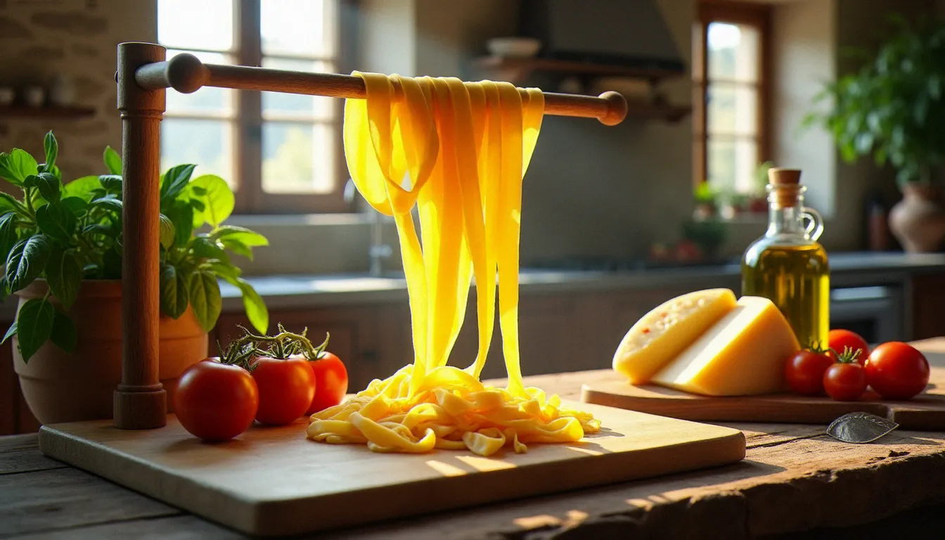 Cuisine italienne authentique avec pâtes fraîches, parmesan et tomates San Marzano sur une table en bois dans une ferme piémontaise