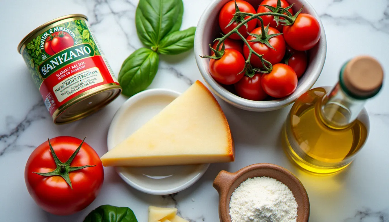 Ingrédients authentiques pour la recette italienne Francesca : tomates San Marzano DOP, Parmigiano Reggiano AOP, huile d'olive extra-vierge et guanciale disposés sur marbre blanc