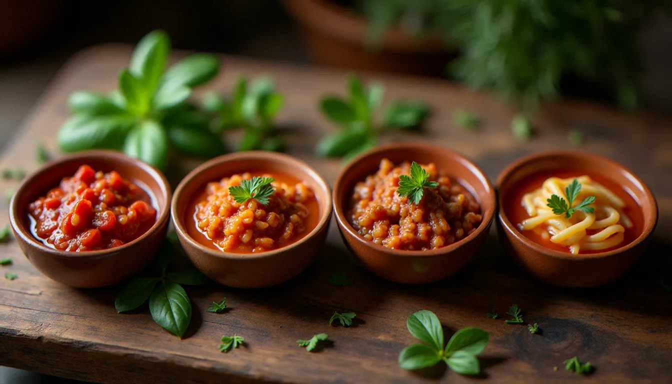 Quatre variations régionales de la recette Francesca italienne présentées dans des bols en céramique rustique : piémontaise, toscane à la salsiccia, napolitaine aux palourdes et bolognaise traditionnelle