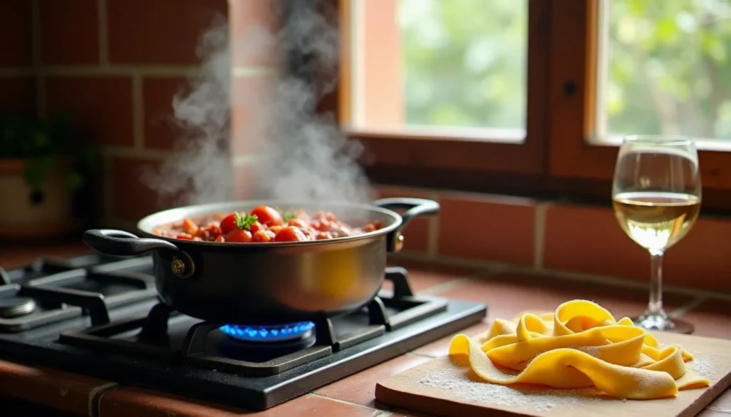 Sauce italienne à la Francesca mijotant dans une casserole en fonte, avec des tagliatelles fraîches maison sur une planche en bois, lumière naturelle de cuisine rustique