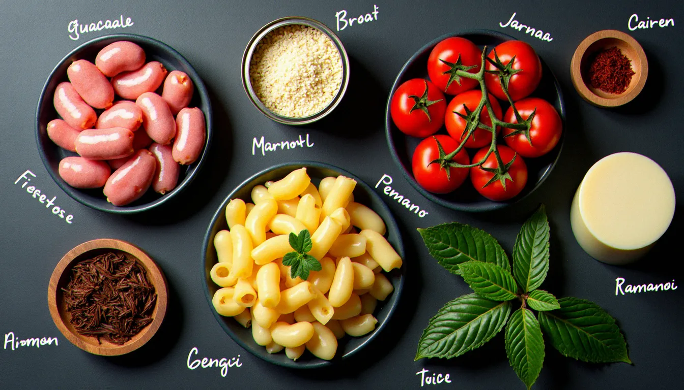Vue de dessus des ingrédients emblématiques de la gastronomie italienne régionale : guanciale, tomates San Marzano, riz Carnaroli, safran, pecorino et orecchiettes disposés sur ardoise