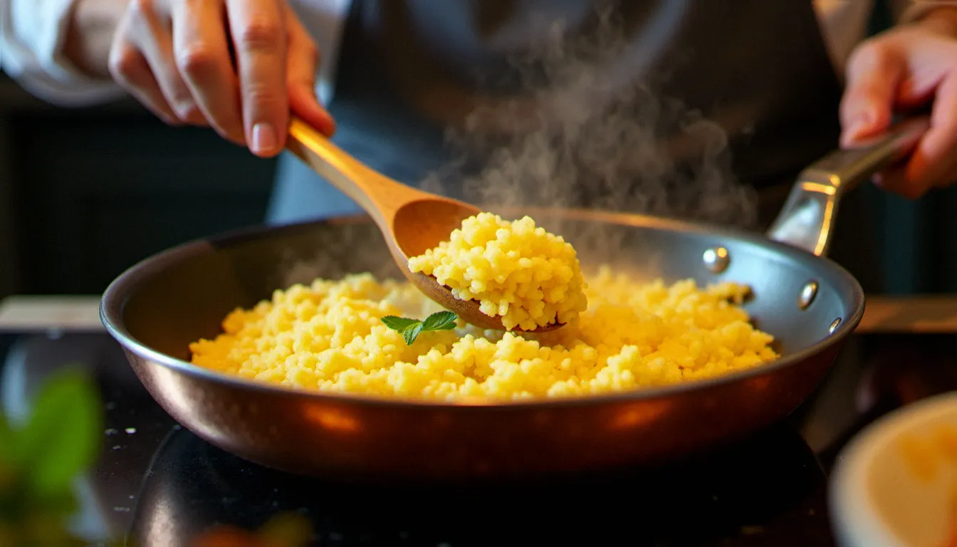 Gros plan sur les mains réalisant la mantecatura d'un risotto alla Milanese dans une casserole en cuivre, technique fondamentale de la gastronomie italienne pour obtenir la texture crémeuse parfaite