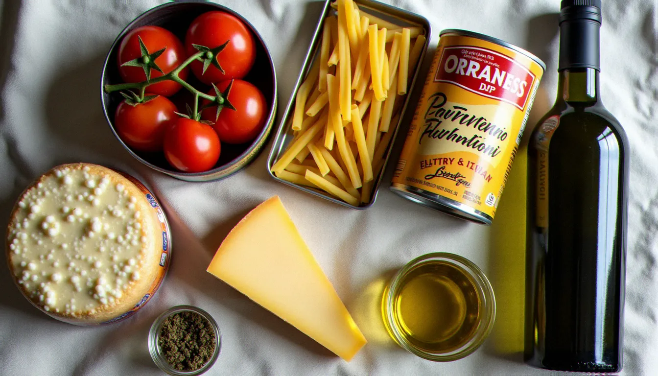 Sélection de produits italiens authentiques disposés sur un tissu en lin : Parmigiano Reggiano, tomates San Marzano DOP, pâtes tréfilées au bronze et huile d'olive sicilienne