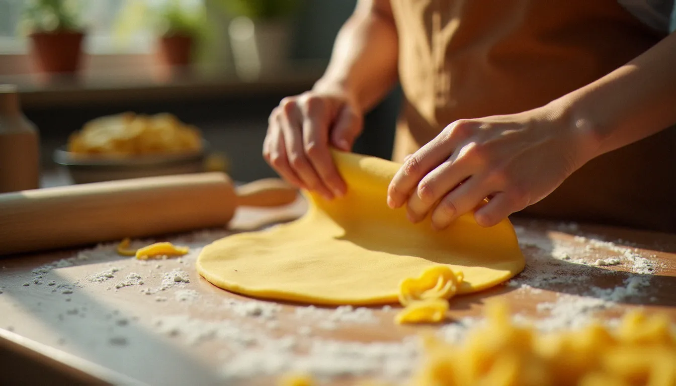 Mains d'une femme repliant de la pâte à pasta fraîche sur un marbre fariné, technique de repos de la pâte italienne dans la cuisine domestique