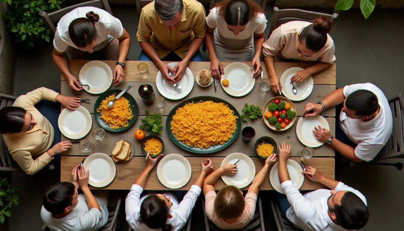 Repas de famille dominical à l'italienne dans une cour piémontaise, illustrant la convivialité de la cuisine italienne partagée entre générations.