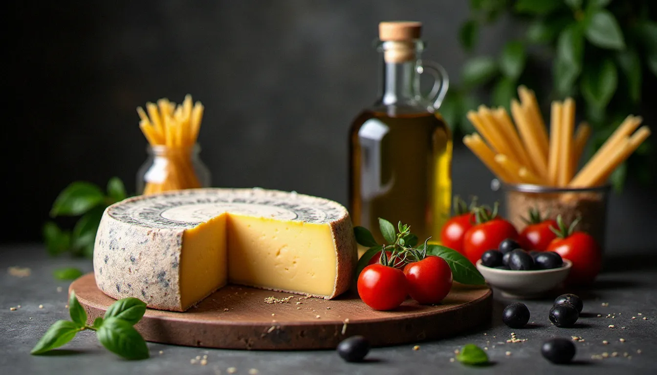 Sélection de produits italiens AOP et IGP authentiques incluant Parmigiano Reggiano, huile d'olive sicilienne et tomates San Marzano sur fond de pierre sombre.