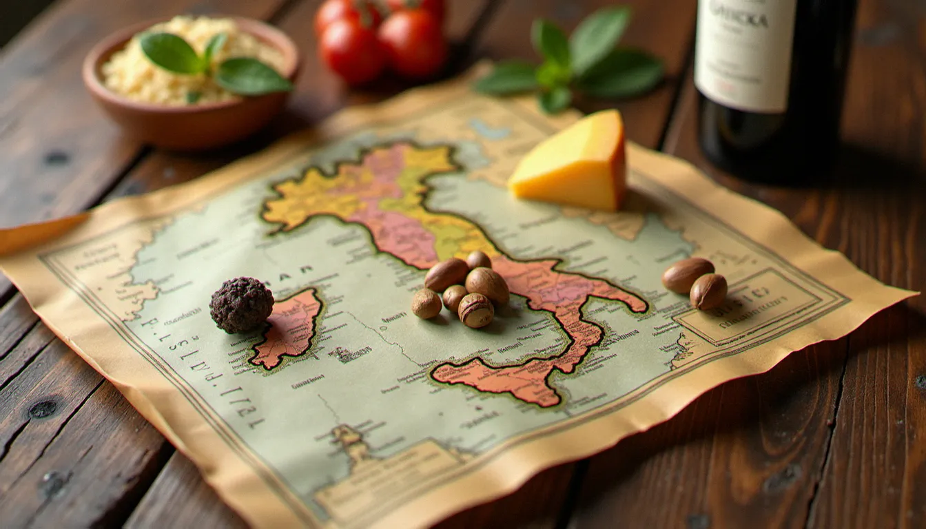 Carte gastronomique de l'Italie illustrant la diversité régionale de la cuisine italienne avec ses produits emblématiques par territoire