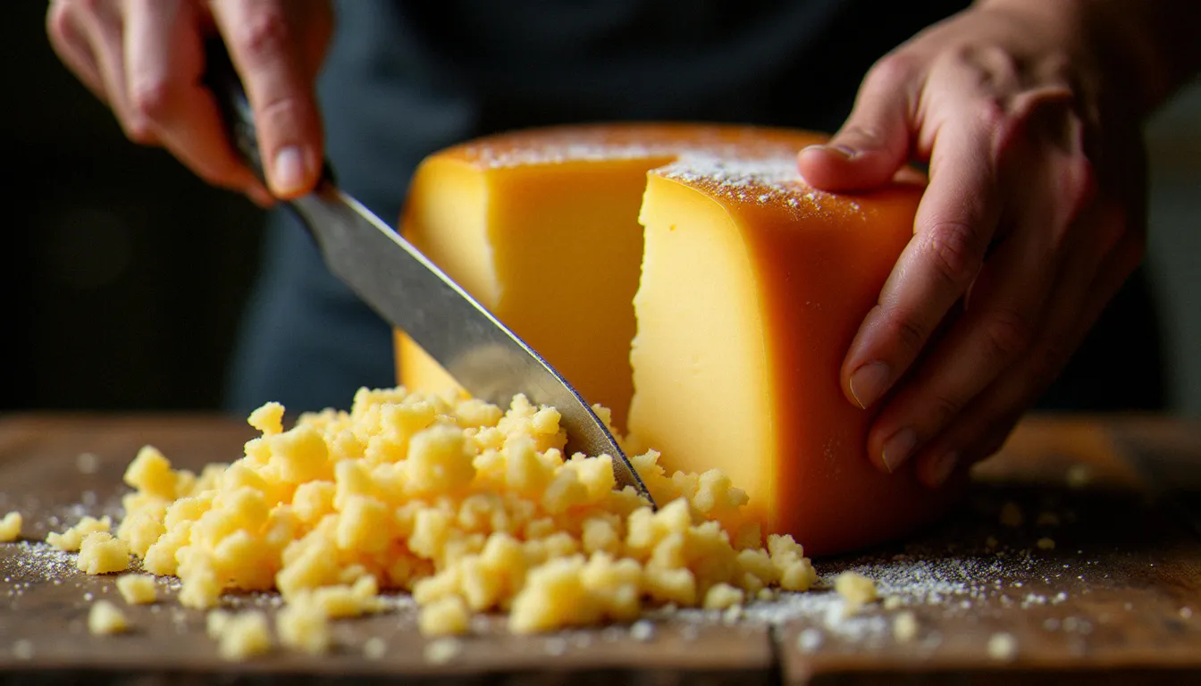 Fromager brisant une meule de Parmigiano Reggiano DOP avec un couteau traditionnel, révélant la texture cristalline de ce produit emblématique de la cuisine italienne