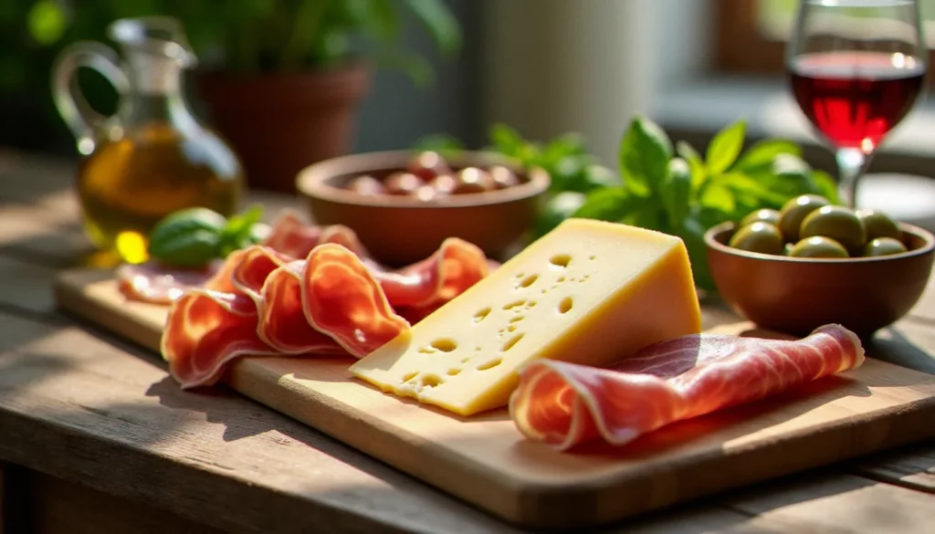 italienne est plus featured Plateau de charcuterie et fromages italiens avec Parmigiano Reggiano, Prosciutto di Parma et huile d'olive extra-vierge, incarnant tout ce que la cuisine italienne est plus que des clichés