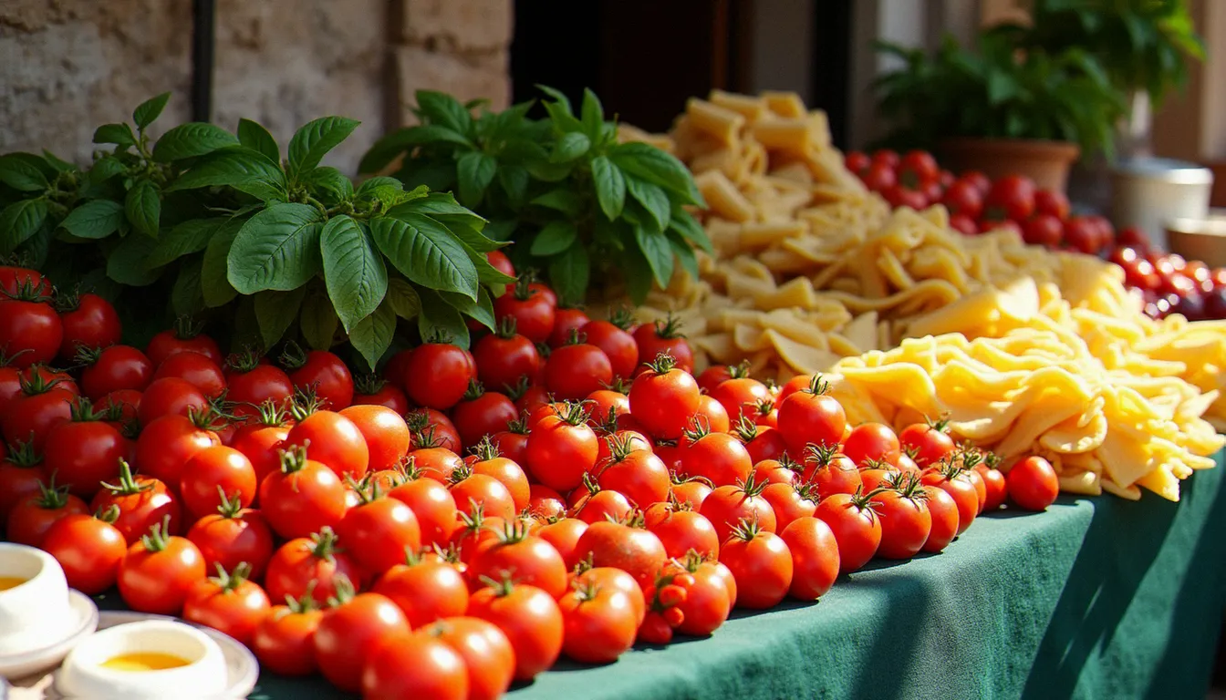 Étal de marché du sud de l'Italie avec tomates San Marzano, burrata fraîche et pâtes artisanales sous une lumière méditerranéenne