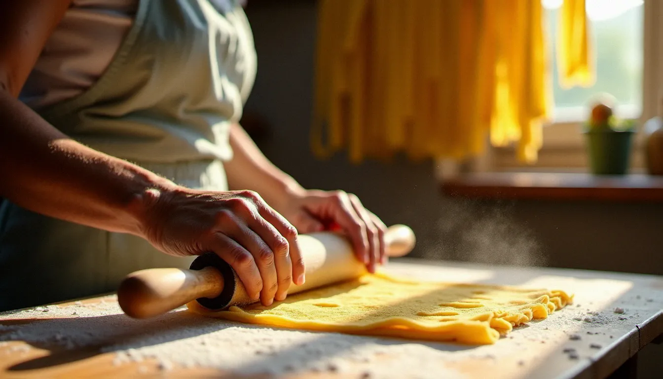 Les mains d'une nonna italienne étalant la pâte à pâtes fraîches sur une planche farinée — scène de transmission culinaire dans une cuisine de ferme toscane